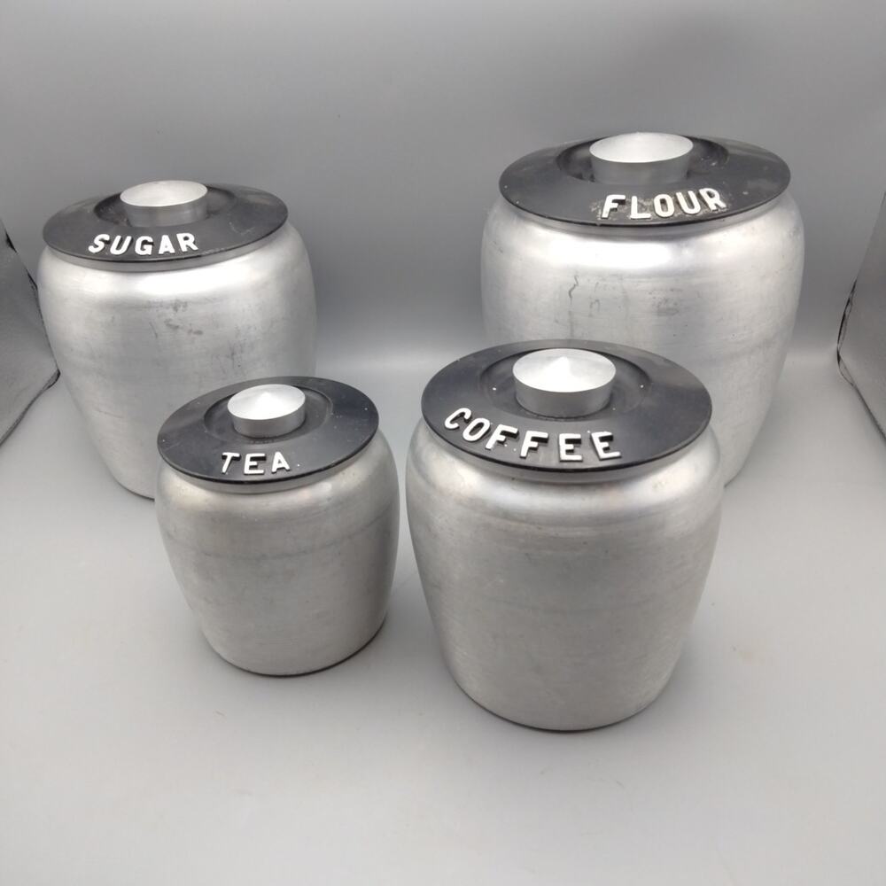 4 Pc Vintage Kromex Canister Set Spun Aluminum Flour Sugar Coffee MCM Urn Style